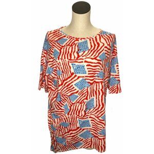 LulaRoe Irma Tee Shirt Tunic Small Flag Star Stripe Red White Blue Coverup NWT